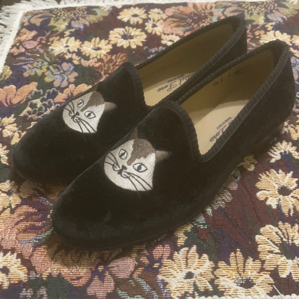 Del Toro Kittens Head Black Velvet Women’s  Loafers Shoes US Size 8
